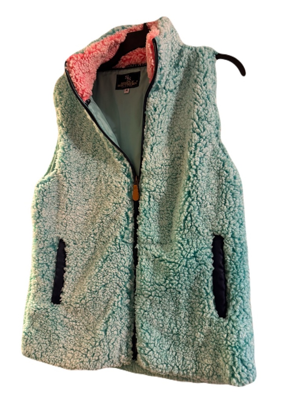 Simply Southern Sherpa Vest - Mint with Coral Lined collar